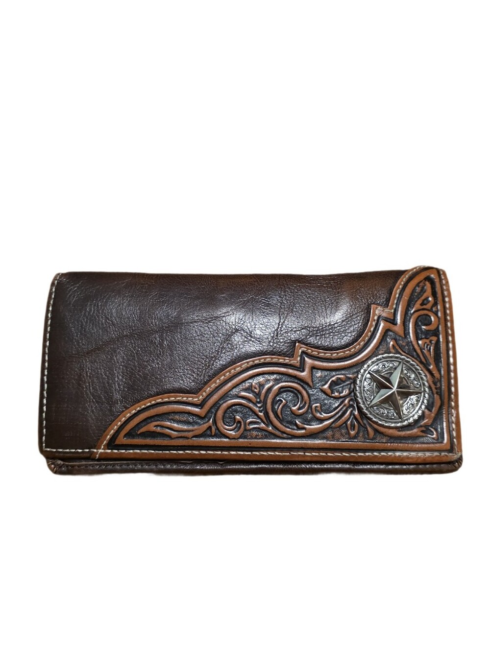 Vintage Western Tooled Leather Long Rodeo Wallet Star Concho